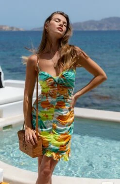 Beachside Tropical Ruched Mini Dress 13 Beachside Tropical Ruched Mini Dress -Sun Gaia Dresses Shop A58A9336 2
