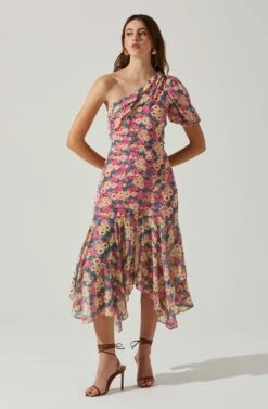 Santorini One Shoulder Midi Dress -Sun Gaia Dresses Shop ACDR100550C PINKBLACKFLORAL 2