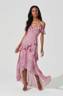 Pemberley Floral Ruffle Cold Shoulder Hi-Lo Maxi Dress