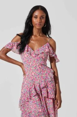 Pemberley Floral Ruffle Cold Shoulder Hi-Lo Maxi Dress -Sun Gaia Dresses Shop ACDR100638B FUCHSIAPURPLEROSES 2