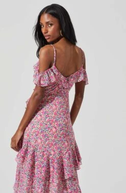 Pemberley Floral Ruffle Cold Shoulder Hi-Lo Maxi Dress -Sun Gaia Dresses Shop ACDR100638B FUCHSIAPURPLEROSES 4
