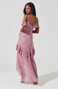 Pemberley Floral Ruffle Cold Shoulder Hi-Lo Maxi Dress -Sun Gaia Dresses Shop ACDR100638B FUCHSIAPURPLEROSES 5