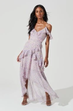 Pemberley Floral Ruffle Cold Shoulder Hi-Lo Maxi Dress -Sun Gaia Dresses Shop ACDR100638B LILACPURPLEMULTI 1