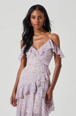 Pemberley Floral Ruffle Cold Shoulder Hi-Lo Maxi Dress -Sun Gaia Dresses Shop ACDR100638B LILACPURPLEMULTI 2