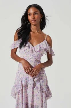 Pemberley Floral Ruffle Cold Shoulder Hi-Lo Maxi Dress -Sun Gaia Dresses Shop ACDR100638B LILACPURPLEMULTI 4