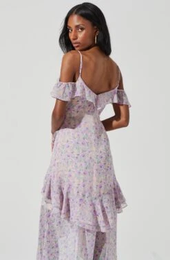 Pemberley Floral Ruffle Cold Shoulder Hi-Lo Maxi Dress -Sun Gaia Dresses Shop ACDR100638B LILACPURPLEMULTI 5