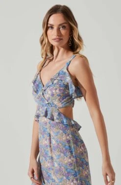 Wildflower Ruffle Cutout Midi Dress -Sun Gaia Dresses Shop ACDR100906 PURPLEBLUEFLORAL 3