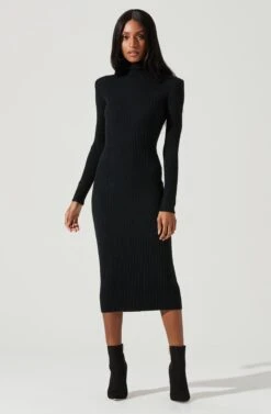 Abilene Long Sleeve Turtleneck Midi Sweater Dress -Sun Gaia Dresses Shop ACDR100970 BLACK 1558