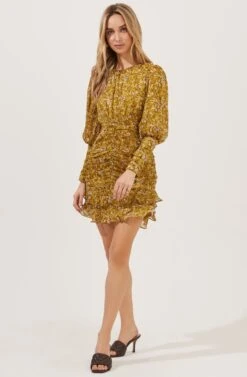 Claremore Floral Ruched Long Sleeve Mini Dress -Sun Gaia Dresses Shop ACDR101002B MUSTARDMULTIDITSY 2