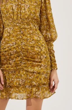 Claremore Floral Ruched Long Sleeve Mini Dress -Sun Gaia Dresses Shop ACDR101002B MUSTARDMULTIDITSY 4
