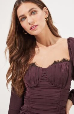 Mardi Lace Trimmed Ruched Mini Dress -Sun Gaia Dresses Shop ACDR101019B EGGPLANT 4