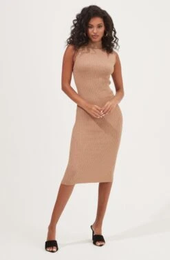 Crawford Shoulder Cutout Sweater Midi Dress -Sun Gaia Dresses Shop ACDR101027 TAN 1