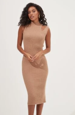 Crawford Shoulder Cutout Sweater Midi Dress -Sun Gaia Dresses Shop ACDR101027 TAN 2