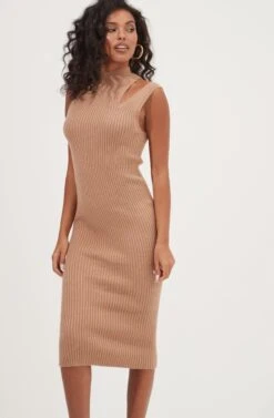 Crawford Shoulder Cutout Sweater Midi Dress -Sun Gaia Dresses Shop ACDR101027 TAN 3