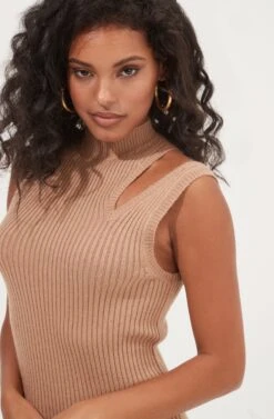 Crawford Shoulder Cutout Sweater Midi Dress -Sun Gaia Dresses Shop ACDR101027 TAN 4