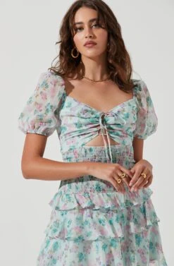 Garland Floral Front Cutout Puff Sleeve Mini Dress -Sun Gaia Dresses Shop ACDR101055SLM MINTMULTIFLORAL 0968