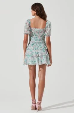 Garland Floral Front Cutout Puff Sleeve Mini Dress -Sun Gaia Dresses Shop ACDR101055SLM MINTMULTIFLORAL 0970