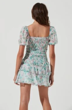 Garland Floral Front Cutout Puff Sleeve Mini Dress -Sun Gaia Dresses Shop ACDR101055SLM MINTMULTIFLORAL 0973