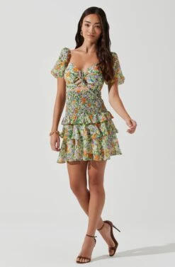 Garland Floral Ruffle Puff Sleeve Mini Dress
