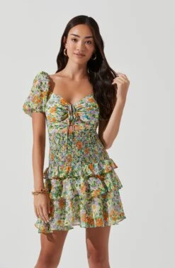 Garland Floral Ruffle Puff Sleeve Mini Dress 11 Garland Floral Ruffle Puff Sleeve Mini Dress -Sun Gaia Dresses Shop ACDR101055SL GREENORANGEMULTIFLORAL 0025