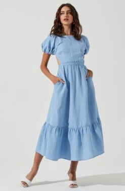 Jelena Back Cutout Puff Sleeve Midi Dress -Sun Gaia Dresses Shop ACDR101078 BLUE 1023