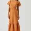 Jelena Back Cutout Puff Sleeve Midi Dress -Sun Gaia Dresses Shop ACDR101078 CAMEL 0626