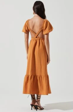 Jelena Back Cutout Puff Sleeve Midi Dress -Sun Gaia Dresses Shop ACDR101078 CAMEL 0636