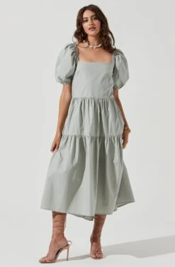 Ilana Puff Sleeve Tiered Midi Dress -Sun Gaia Dresses Shop ACDR101194 SILVERSAGE 1103