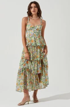 Midsummer Floral Tiered Maxi Dress -Sun Gaia Dresses Shop ACDR101226B GREENORANGEMULTIFLORAL 0707