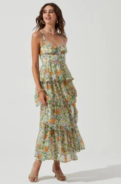 Midsummer Floral Tiered Maxi Dress -Sun Gaia Dresses Shop ACDR101226B GREENORANGEMULTIFLORAL 0719