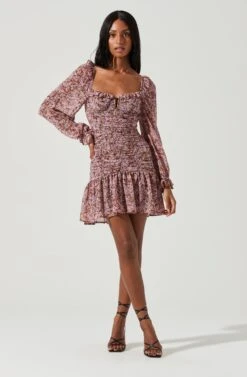 Carmella Sweetheart Ruched Long Sleeve Mini Dress -Sun Gaia Dresses Shop ACDR101356 BLACKPINKFLORAL 1360