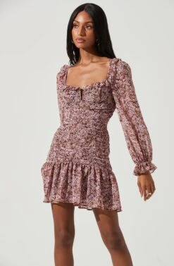 Carmella Sweetheart Ruched Long Sleeve Mini Dress -Sun Gaia Dresses Shop ACDR101356 BLACKPINKFLORAL 1364