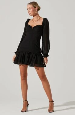 Carmella Sweetheart Ruched Long Sleeve Mini Dress -Sun Gaia Dresses Shop ACDR101356 BLACK 2