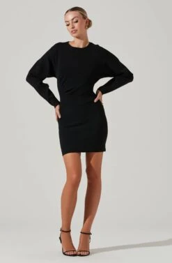 Jayne Ruched Mini Sweater Dress -Sun Gaia Dresses Shop ACDR101372 BLACK 14431