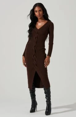 Vesper Ribbed Knit Sweater Midi Dress -Sun Gaia Dresses Shop ACDR101387 DARKBROWN 1