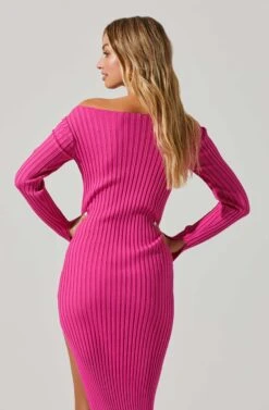 Hilaria Ribbed Knit Off Shoulder Sweater Midi Dress -Sun Gaia Dresses Shop ACDR101489 HOTPINK 4
