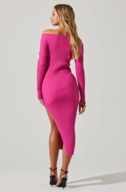 Hilaria Ribbed Knit Off Shoulder Sweater Midi Dress -Sun Gaia Dresses Shop ACDR101489 HOTPINK 5