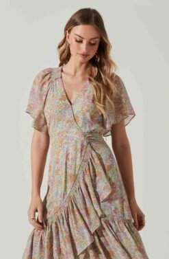 Adella Floral Flutter Sleeve Ruffle Midi Dress -Sun Gaia Dresses Shop ACDR101520C GREENPINKMULTIFLR 3