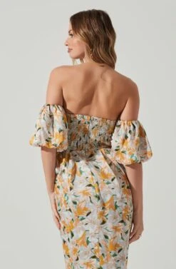 Zurina Floral Off Shoulder Midi Dress 18 Zurina Floral Off Shoulder Midi Dress -Sun Gaia Dresses Shop ACDR101549 BLUEAPRICOTFLORAL 2