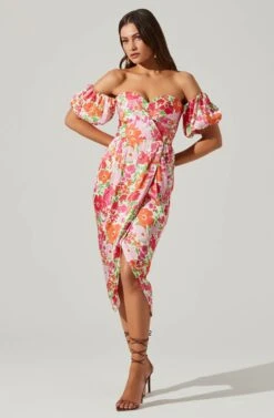 Zurina Floral Off Shoulder Midi Dress 22 Zurina Floral Off Shoulder Midi Dress -Sun Gaia Dresses Shop ACDR101549 PINKFLORAL 3