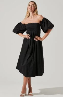 Carlin Off Shoulder Puff Sleeve Midi Dress -Sun Gaia Dresses Shop ACDR101554 BLACK 1