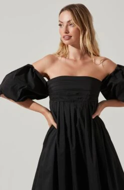 Carlin Off Shoulder Puff Sleeve Midi Dress -Sun Gaia Dresses Shop ACDR101554 BLACK 2