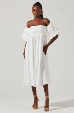 Carlin Off Shoulder Puff Sleeve Midi Dress -Sun Gaia Dresses Shop ACDR101554 WHITE 1
