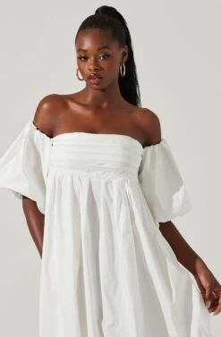 Carlin Off Shoulder Puff Sleeve Midi Dress -Sun Gaia Dresses Shop ACDR101554 WHITE 2