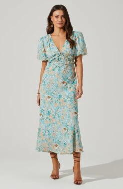 Esperanza Floral Puff Sleeve Midi Dress -Sun Gaia Dresses Shop ACDR101560 BLUEPEACHFLORAL 1