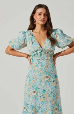 Esperanza Floral Puff Sleeve Midi Dress -Sun Gaia Dresses Shop ACDR101560 BLUEPEACHFLORAL 2