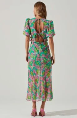 Esperanza Floral Puff Sleeve Midi Dress -Sun Gaia Dresses Shop ACDR101560 GREENPINKMULTI 4