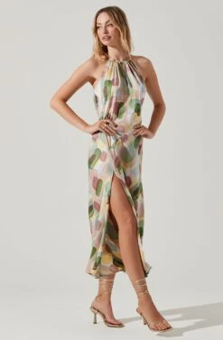 Kazia Geo Print Halter Chain Strap Midi Dress -Sun Gaia Dresses Shop ACDR101567 GREENMULTIGEO 6 2