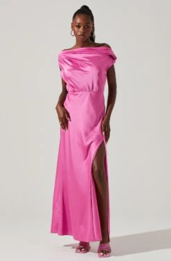 Monroe Satin Off Shoulder Maxi Dress -Sun Gaia Dresses Shop ACDR101586 PINK 1 5e800146 b145 4974 8c8c 213e5f340cc2