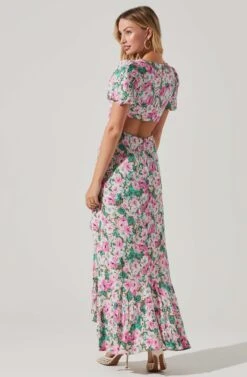 Dayanara Floral Puff Sleeve Midi Dress -Sun Gaia Dresses Shop ACDR101589 GREENPINKFLORAL 5 1